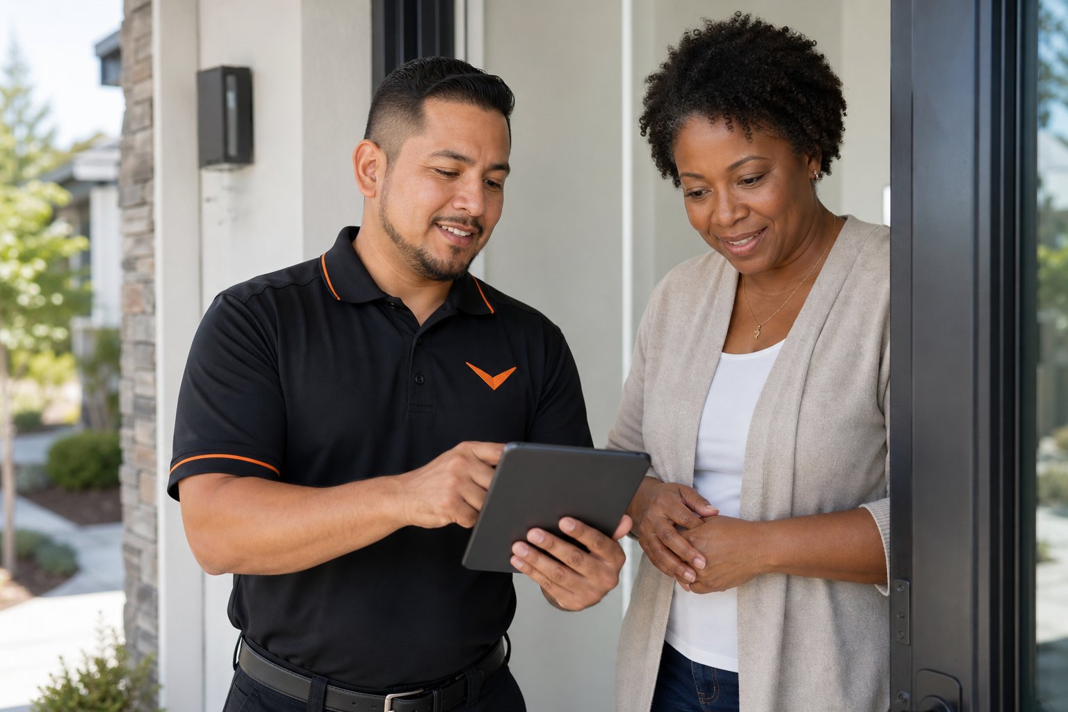 Technician walking a homeowner through a digital service report
