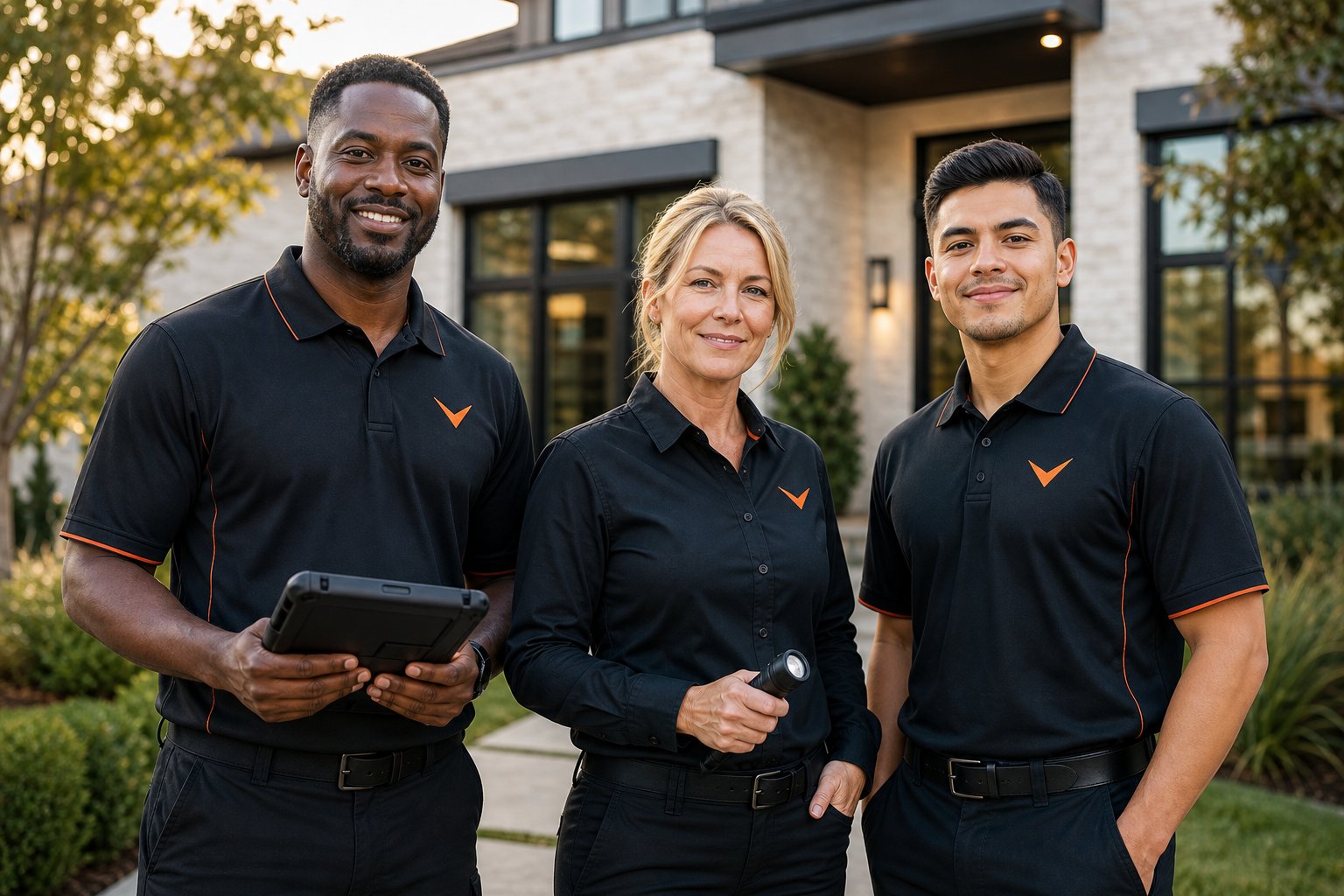 VEREK field team in black uniforms outside a modern home